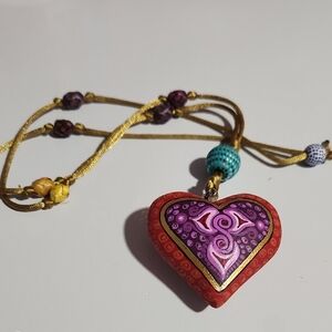Hand Carved Artisan Wood Alebrje Heart Pendant Necklace with Vibrant Colors